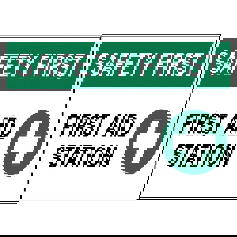 Safety Signs; Family: Safety Sign ; Sign Type: Exit; Facility; Security & Admittance; Fire; Visitor; Workplace ; Sign Header: SAFETY FIRST ; Legend: FIRST AID STATION ; Message/Graphic: Message & Graphic ; Graphic Type: First Aid Cross